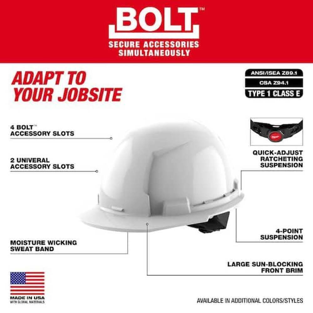 Milwaukee BOLT White Type 1 Class E Front Brim Non-Vented Hard Hat with 4-Point